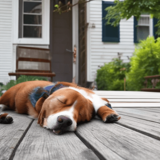 AI generated: dog outside on the old wooden deck sleeping  


