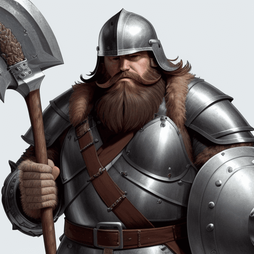 AI generated: Make me a big man that has big beard that has helmet made from fur and Iron Armor and he has big Iro...