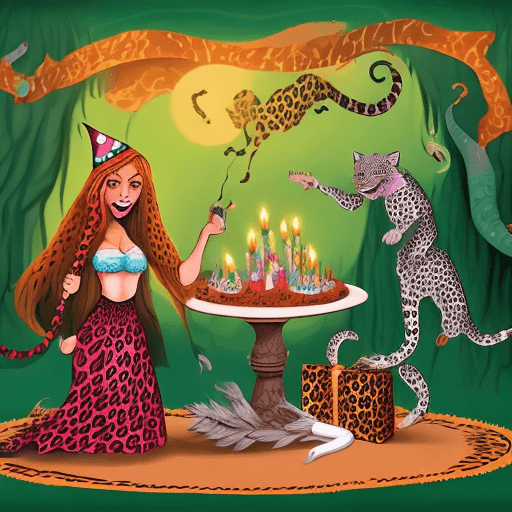 AI generated: A witch, a leopard and music, all combined in an atmosphere of a birthday celebration, the witch and...