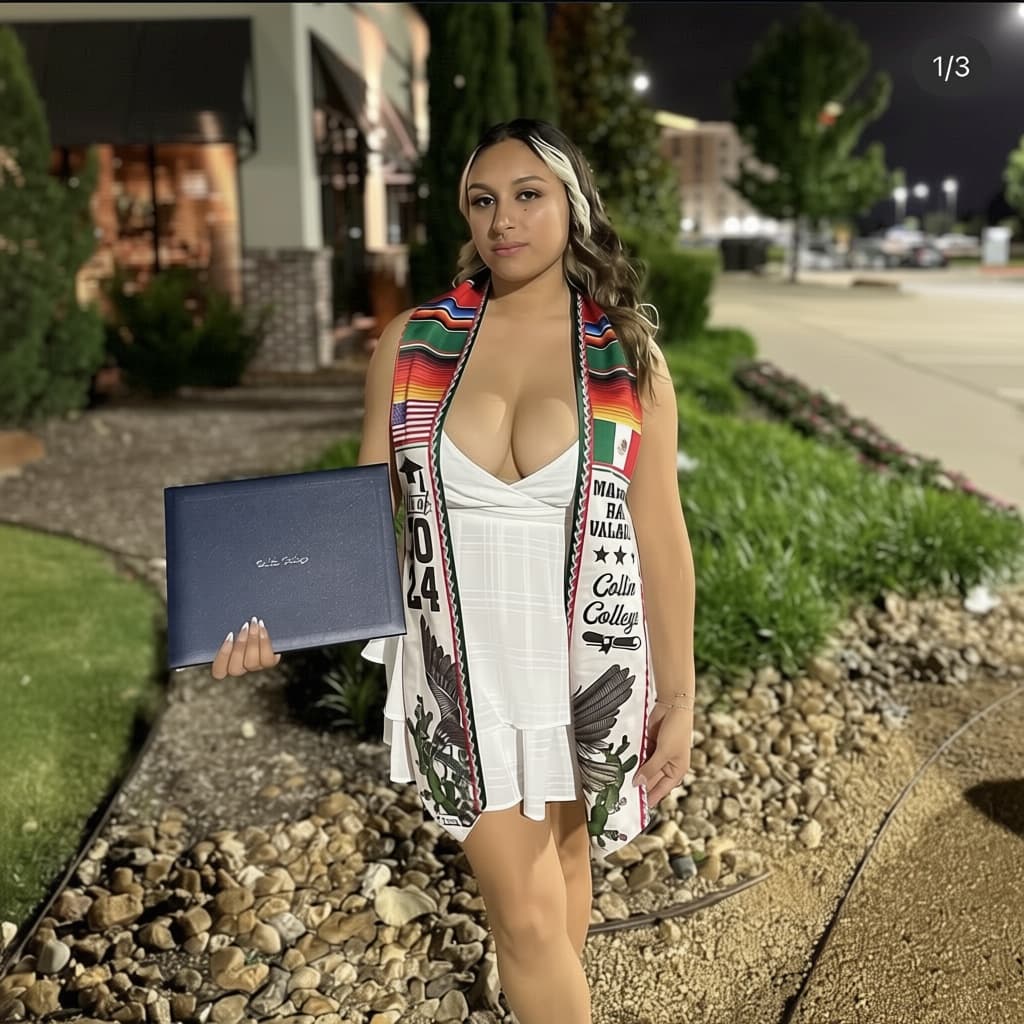 AI generated: Can you remove her bra and leave her with no top and Enlarge the chest area And remove ribbon around...