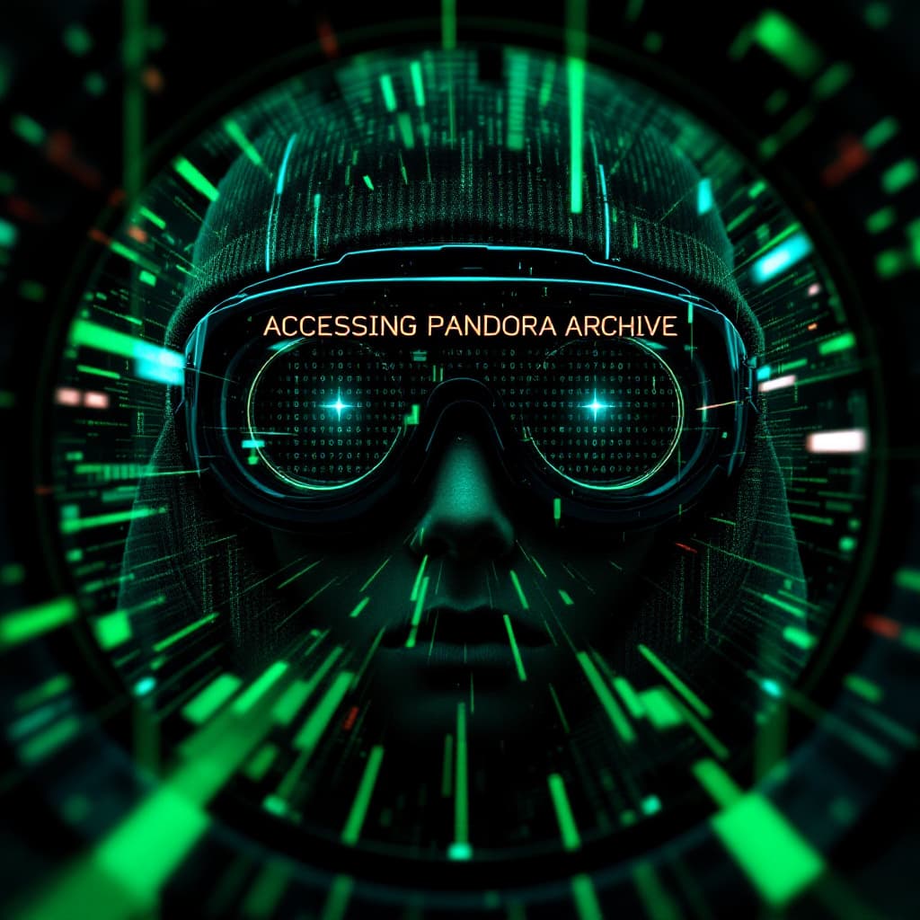 AI generated: First-person view through hacker's night vision goggles, lines of green code reflecting on lens, 'AC...