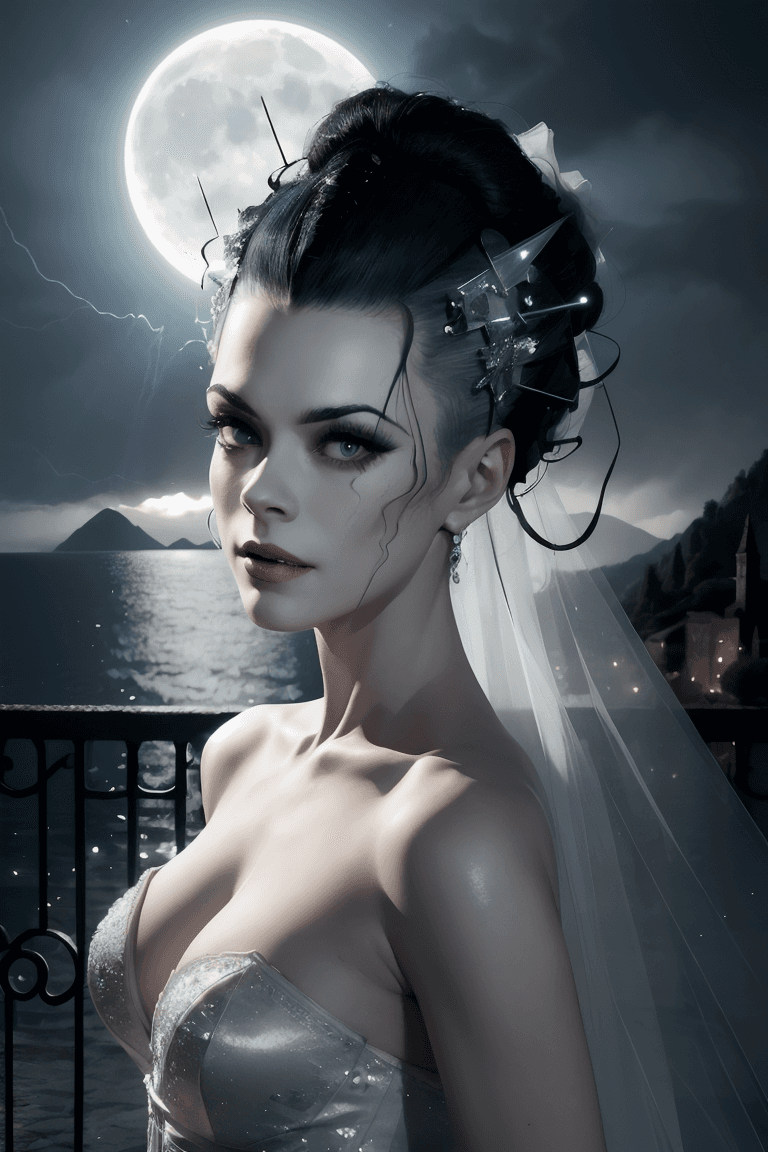 AI generated: (Bride of Frankenstein):1.5, night, moonlight, storm buffeted castle, lake como (((masterpiece:1 0))...