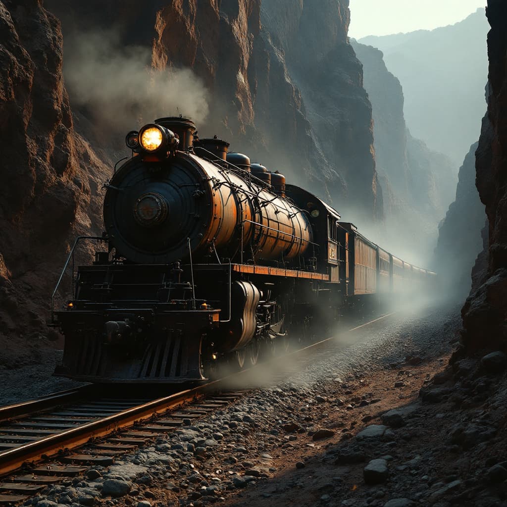 AI generated: generate an image of a metal and rusty freight train passing through a dark and dusty gorge