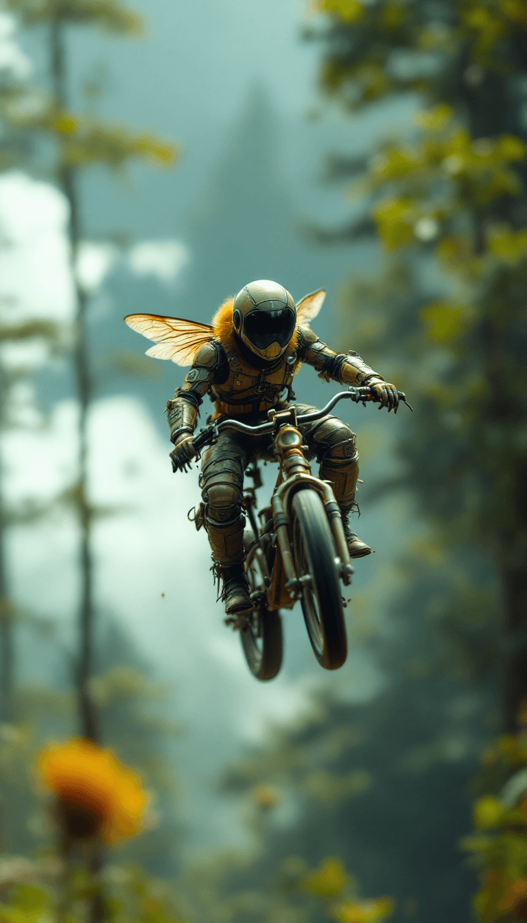 AI generated: macro photo, bee riding a vintage bike in the sky, vintage shredder suit,creepy forest environment, ...