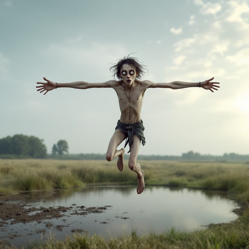 AI generated: an extremely skinny wiry punk guy with huge eyes, chopped shaggy hair, strange, no shoes, no shirt, ...