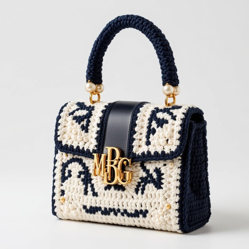 AI generated: "A sophisticated crochet handbag inspired by the elegance of a First Lady. The bag has a structured,...