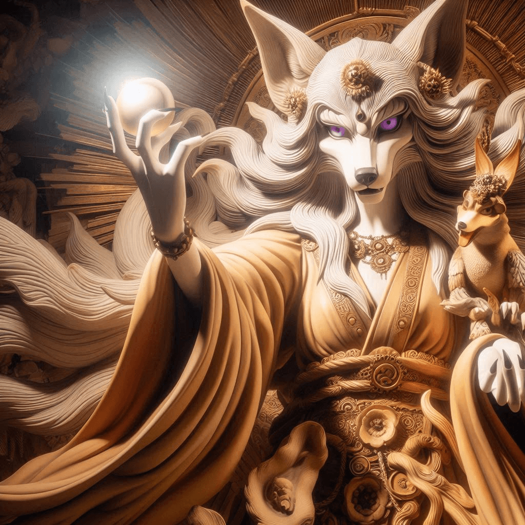 AI generated: Dramatic religious statue of an anime coyote trickster goddess