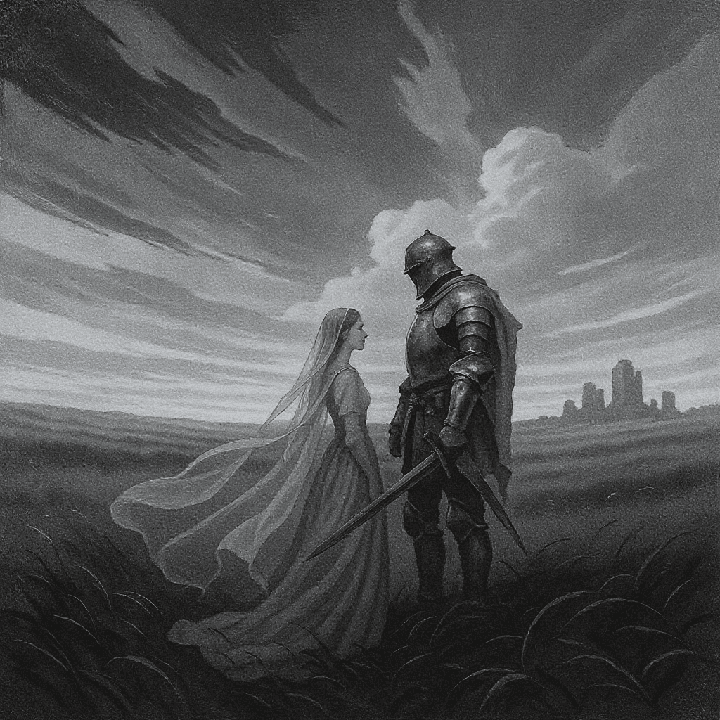 AI generated: A black and white illustration of a medieval lady and a knight standing in a forgotten, dreamlike re...