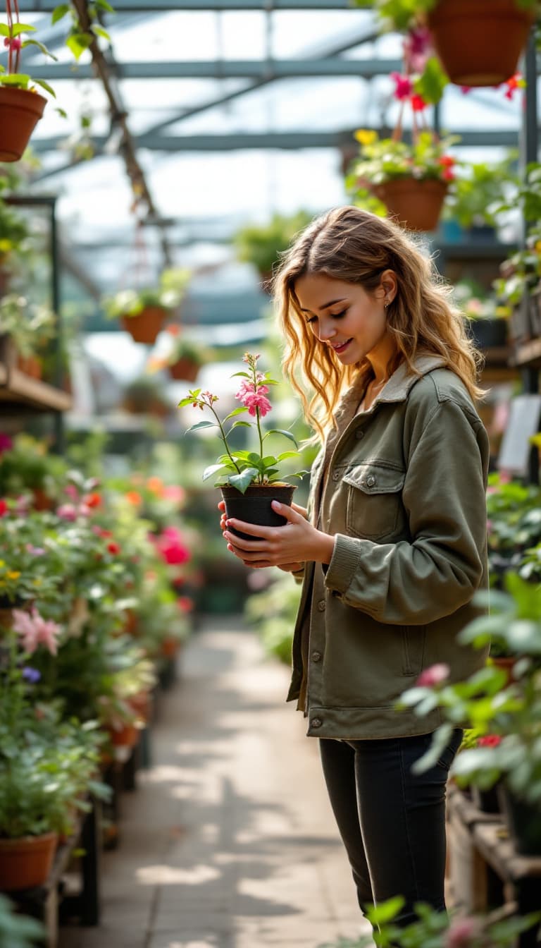 AI generated: Emily walking through a garden center. She picks up a small, fragile plant in a pot, inspecting it c...