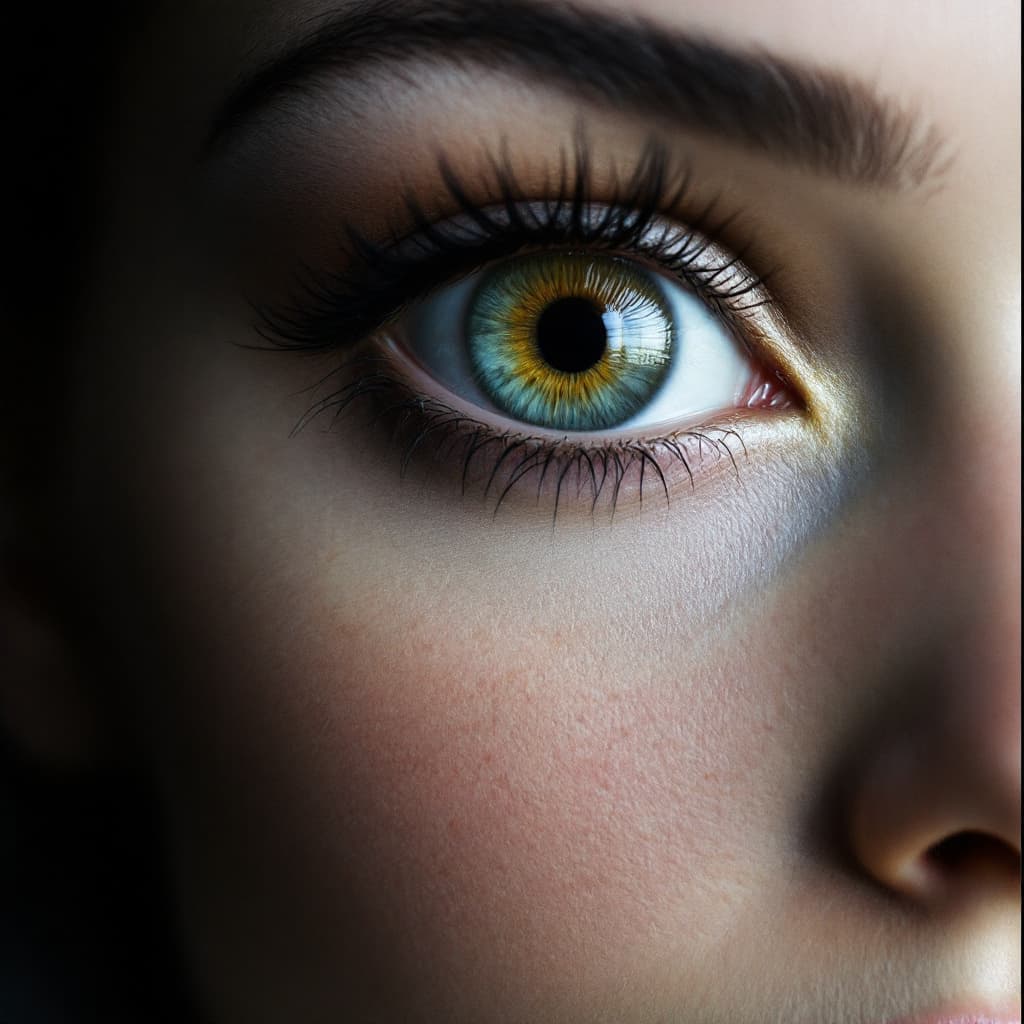 AI generated: A photo model with one extremely large eye.
