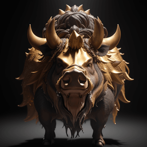 AI generated: ultra photoreal image, 3d octane unreal engine render of a boar head roaring and dripping with gold,...