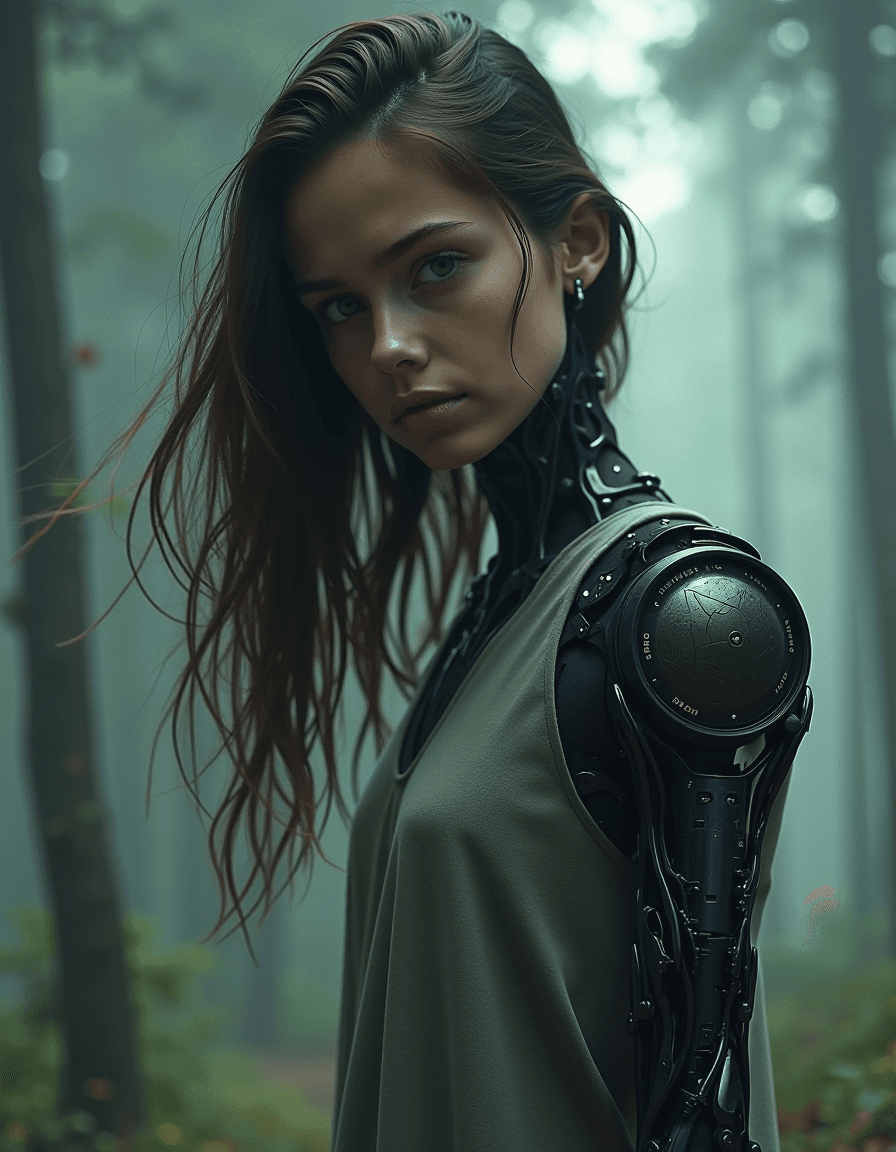 AI generated: a girl, semi-cyborg, biomechanical arms, medium shot, cinematic