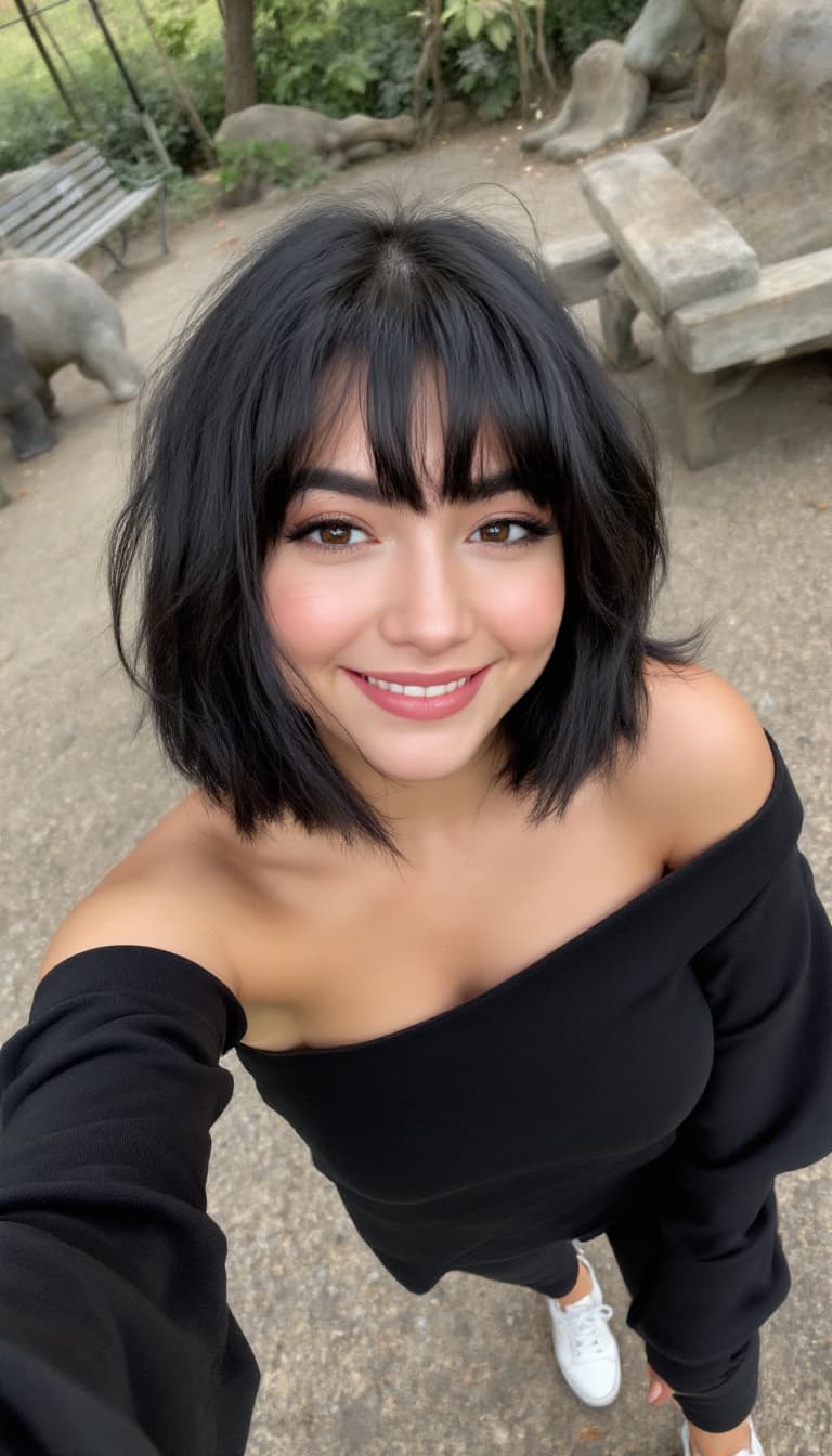 AI generated: women taking a selfie ,thick eyebrows, short black hair with very long bangs, wearing a black off th...