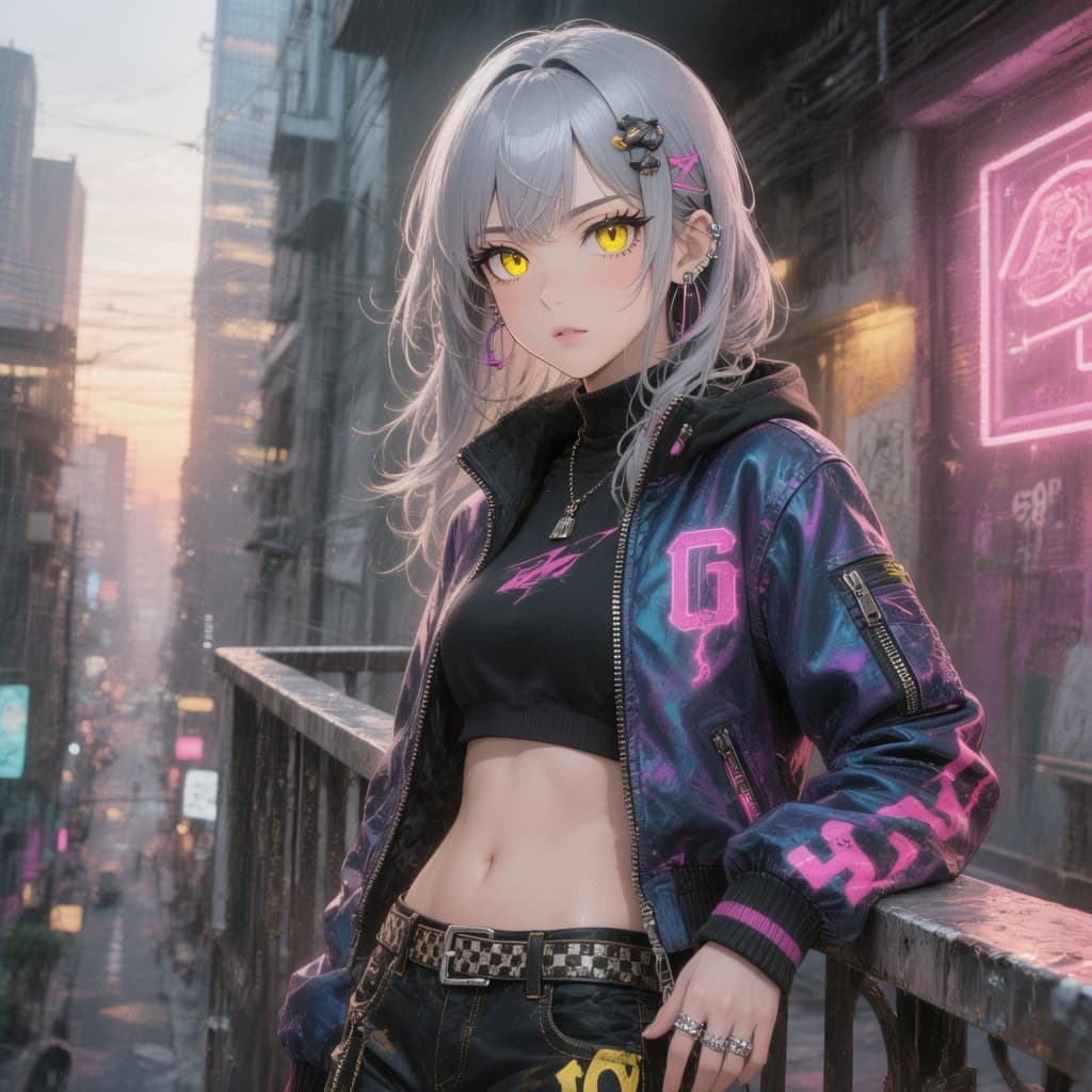 AI generated: a woman with silver hair and yellow eyes in streetwear over the balcony