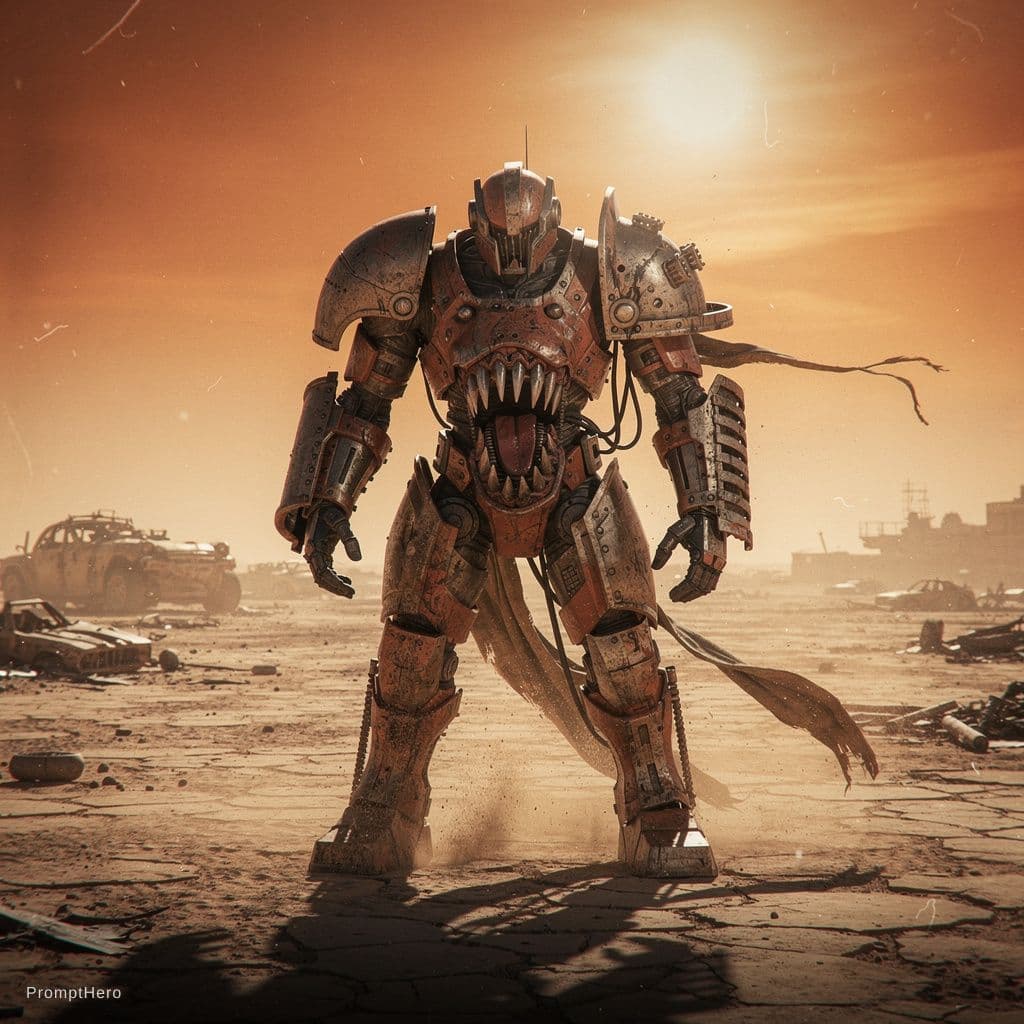AI generated: A cinematic wide shot of a lone warrior in a desolate, sandy wasteland. They are wearing heavy, bulk...