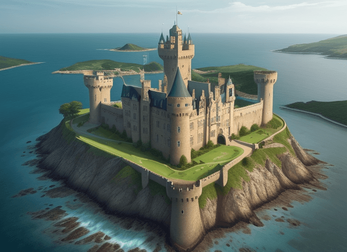 AI generated: ((A R T)) word, high angle, castle, pasture landscape, sea, mix background, setting top view, word, ...