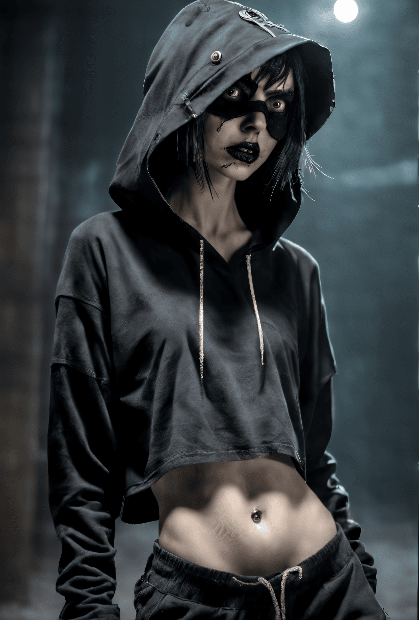 AI generated: horror-themed beautiful young, thin, fit, short messy hair, intrincate details, baggy pants, t-shirt...