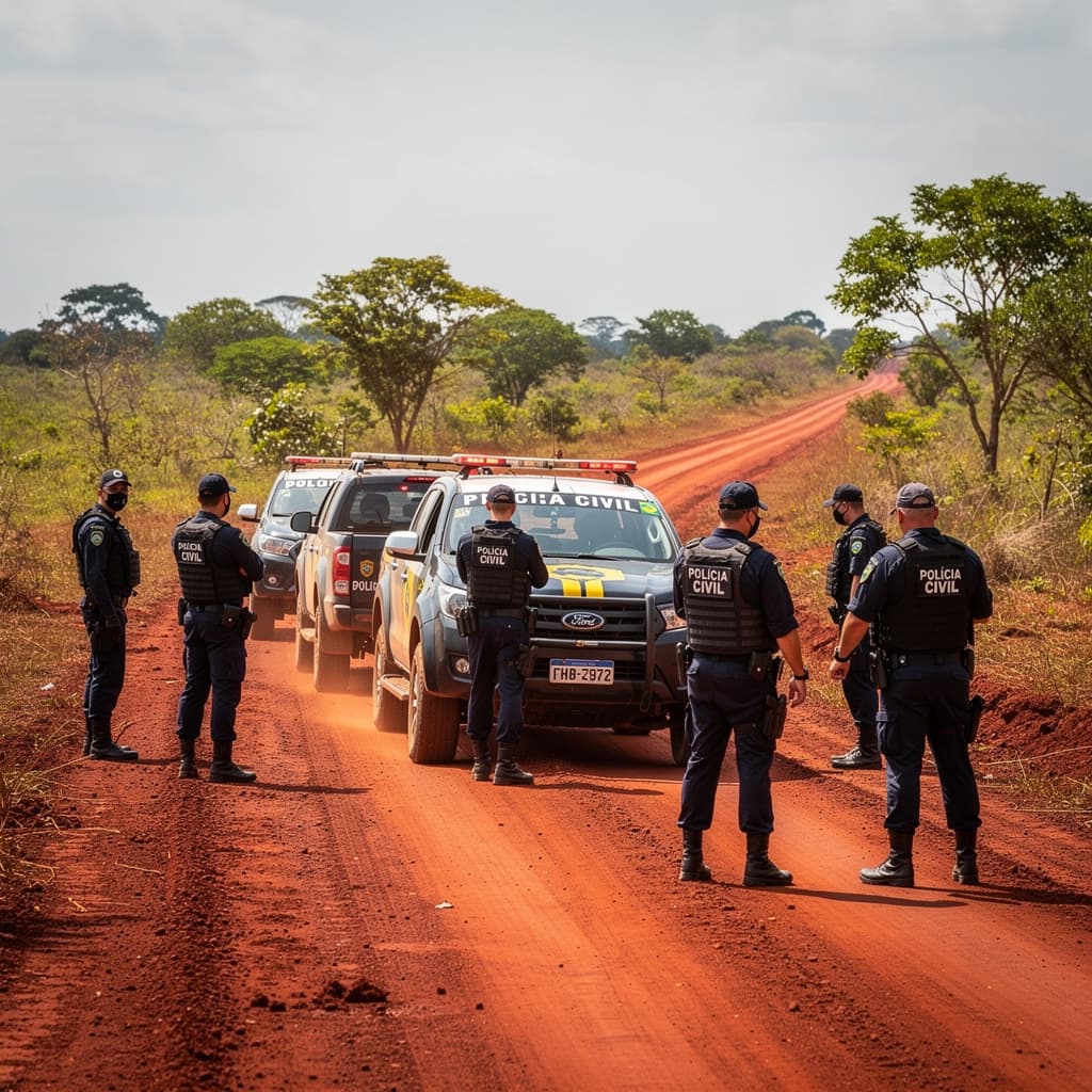 AI generated: Fotografia realista de viaturas da Polícia Civil do Brasil estacionadas em estrada de terra no inter...