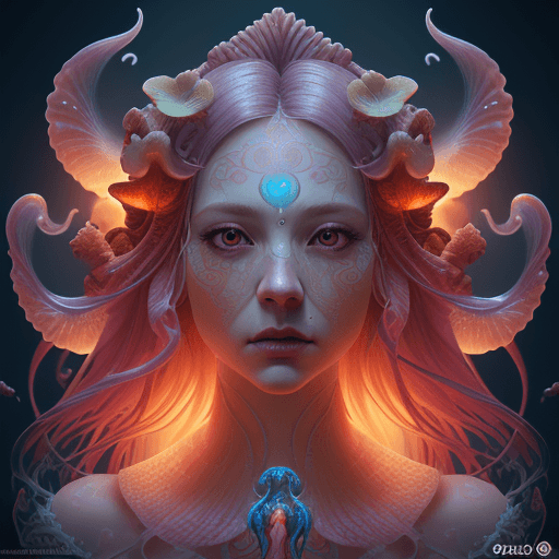 AI generated: Goddess close-up portrait ribcagel. jellyfish phoenix head, nautilus, orchid, skull, betta fish, bio...