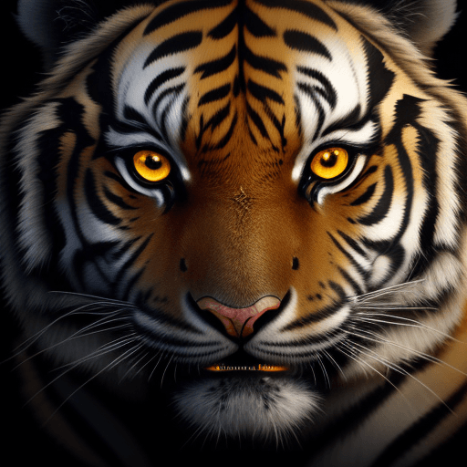 AI generated: Tiger, Yellow glowing eyes, face close-up, black background, dark image 