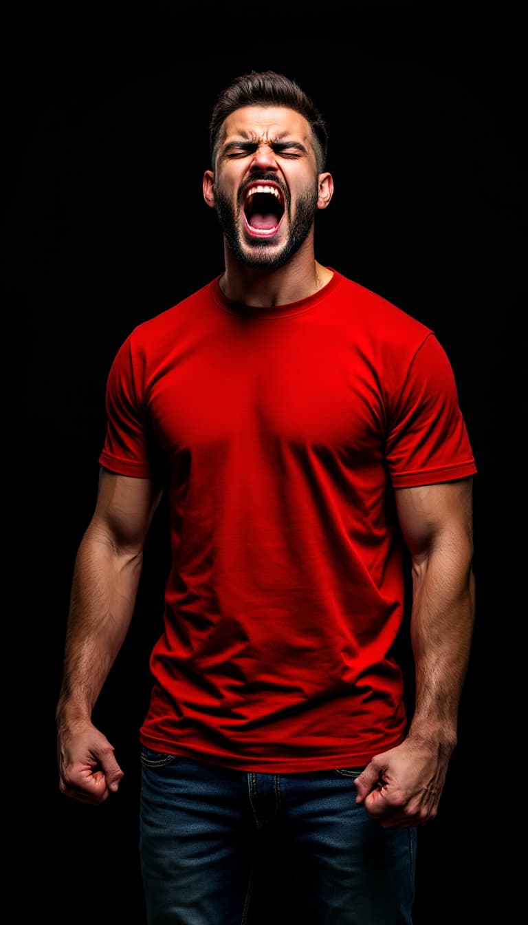 AI generated: Full body photograph of a handsome, caucasian man, eyes closed, screaming, short burst-taper dark ha...