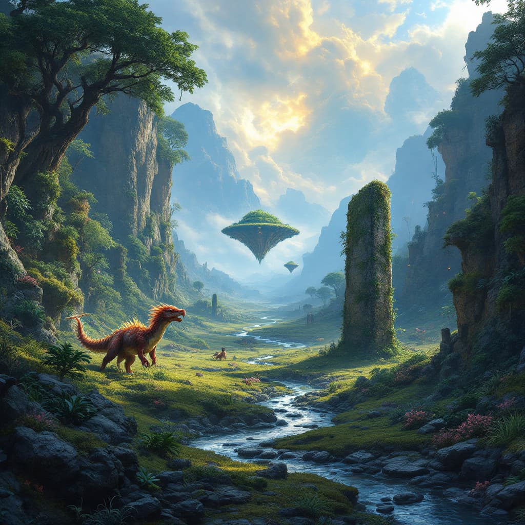 AI generated: A fantastical, mysterious landscape set in an ancient, magical world. The terrain is a mix of lush, ...