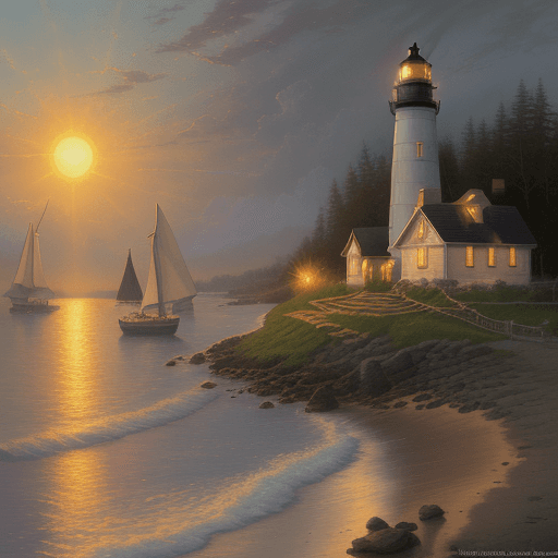 AI generated: thomas kinkade the village lighthouse sun