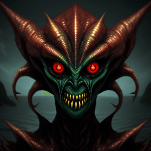AI generated:  scary aliens creature that looks like evil from sea, green deadly red eyes, horror,  golden skin, 
