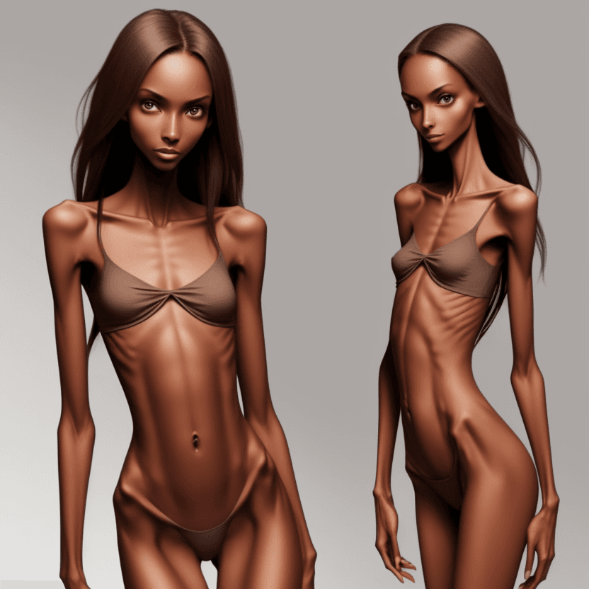 AI generated: extreme beautiful skinny brown skinned  slender face of skinny (almost anorexic) girl without a bra
