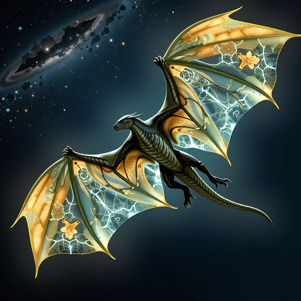 AI generated: Masterpiece, highly detailed, fantastical concept art. A colossal, bioluminescent Sky Serpent soars ...