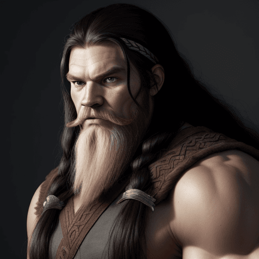 AI generated: Ultra-realistic strong viking man with long black hair staring