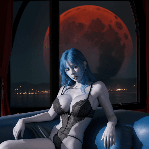 AI generated: Photo of a ultra realistic blue alien queen with his 5 beautiful large breasted slave women in black...