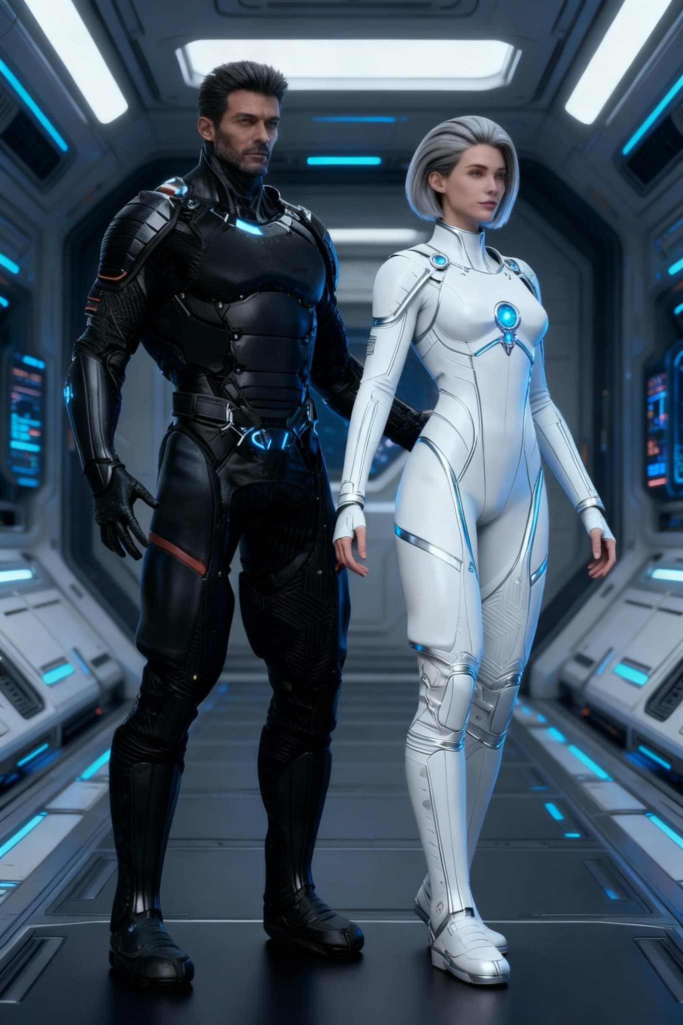 AI generated: The character on the right has 3 arms. remove one arms so that she only has 2 arms.