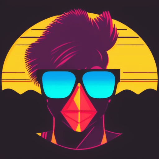 AI generated: 80s retro t-shirt design graphic of a synth wave chicken wearing sunglasses in front of a minimalist...