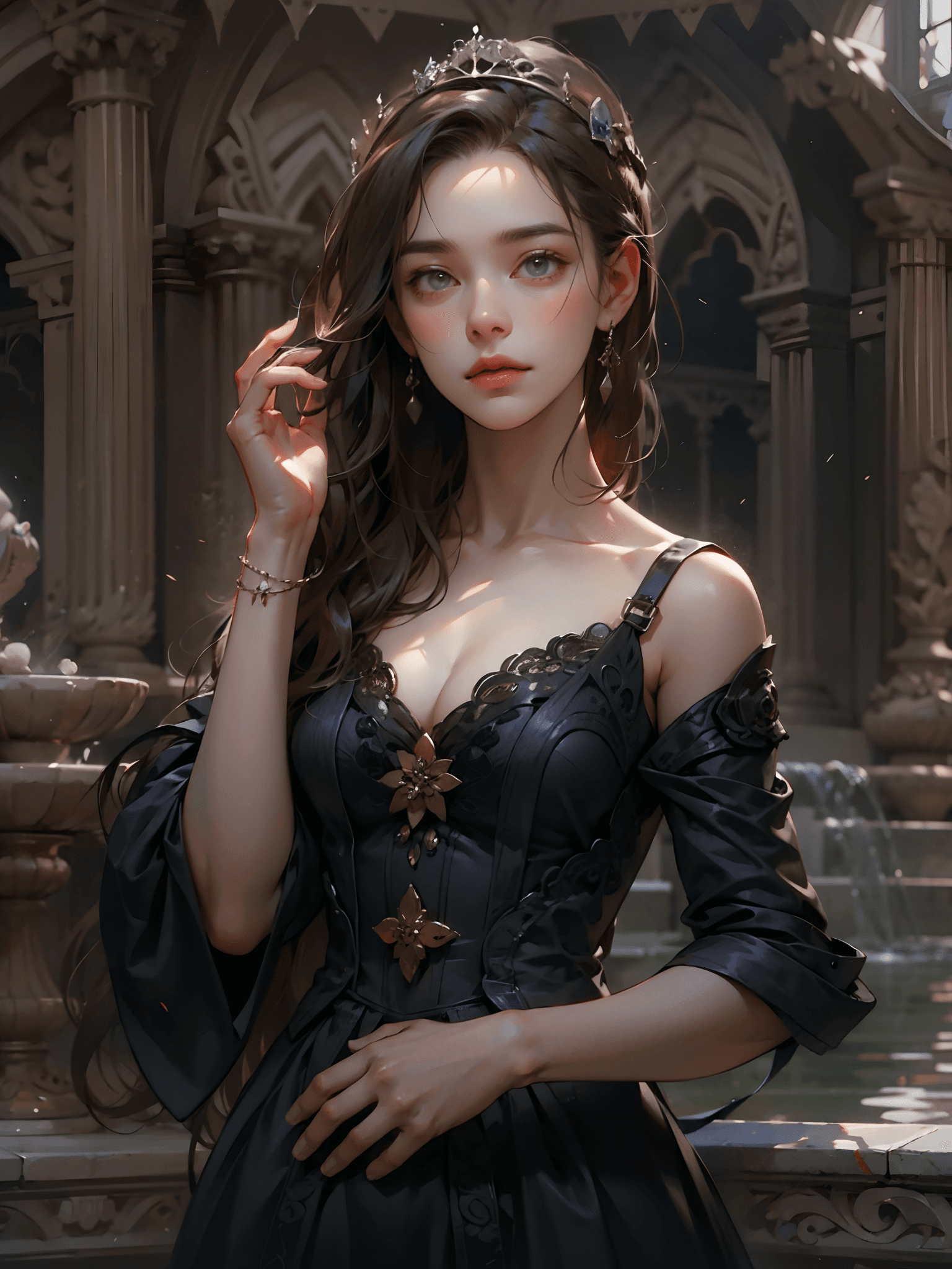 AI generated: masterpiece, centered, dynamic angle, portrait, a woman in a black dress standing in front of a foun...