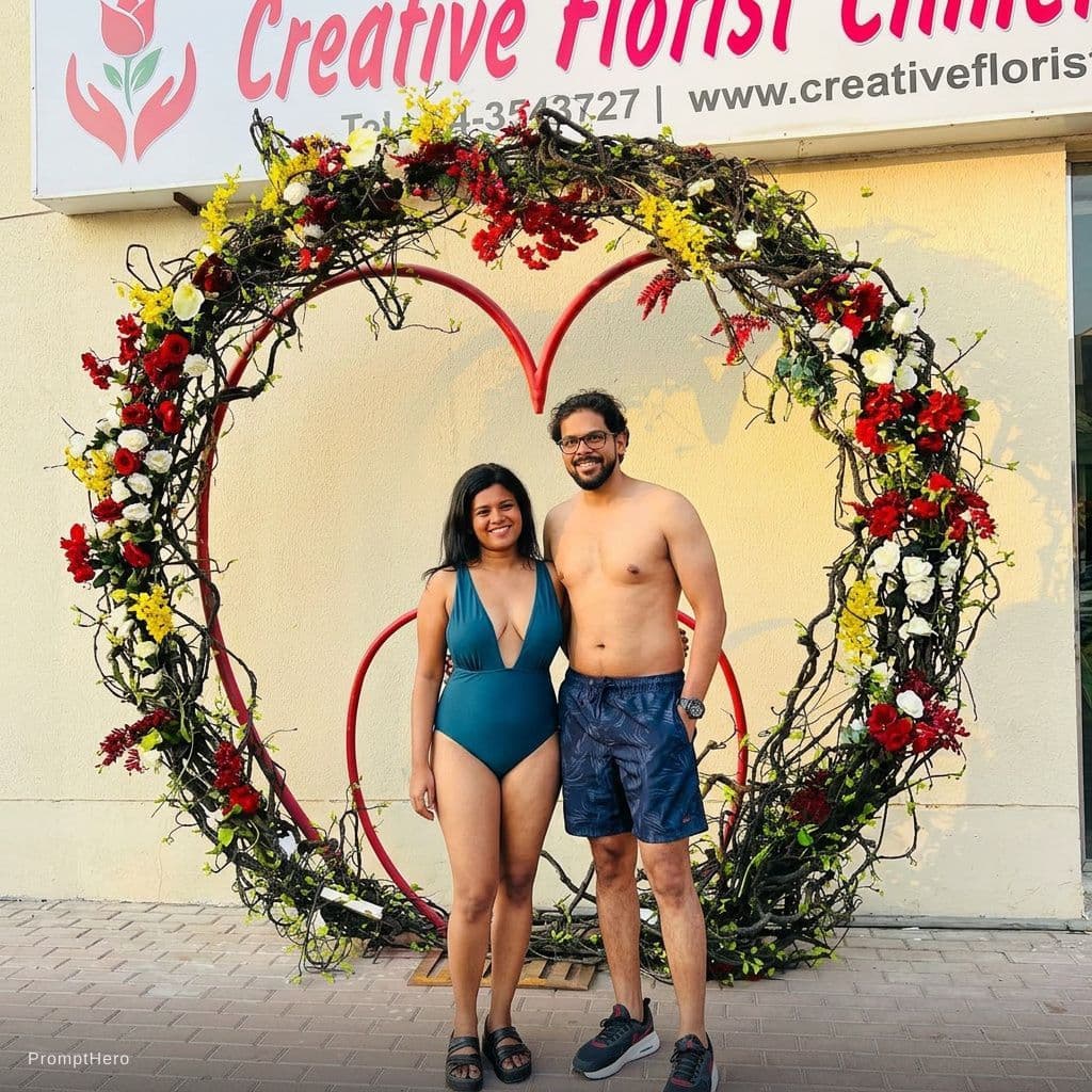 AI generated: change the dress to swimming suit without changing the face and make deep neck 