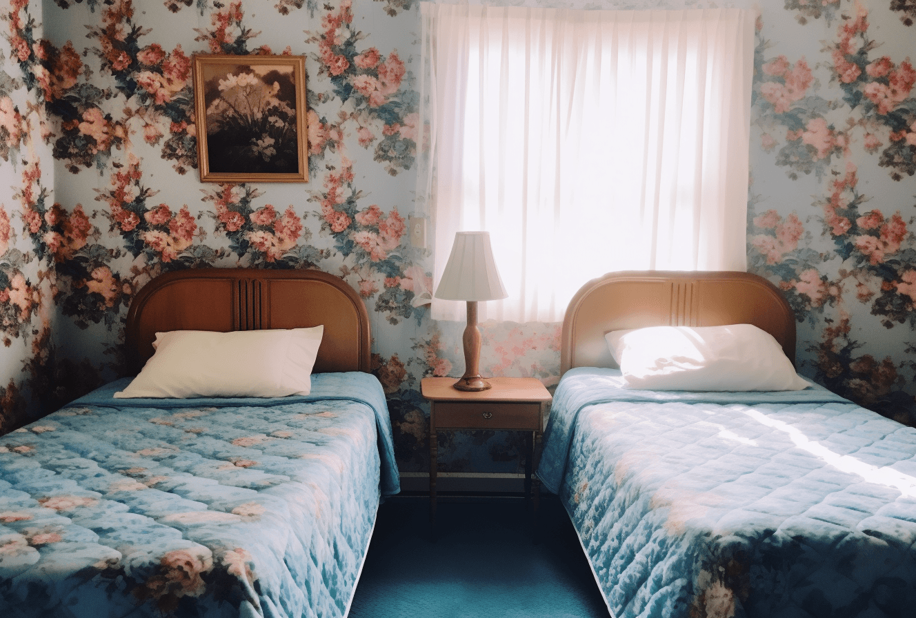 AI generated: 
A photo of an old pink and blue floral wallpaper from the 1970s, with two beds covered in the styl...