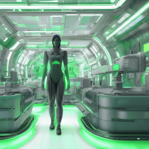 AI generated: In a research facility on a space station, a 40 year old female scientist and a female android with ...