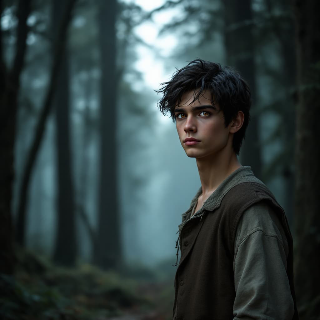 AI generated: "A tall, lean boy with sharp amber eyes, exuding calm intelligence. His dark hair is neatly kept, an...
