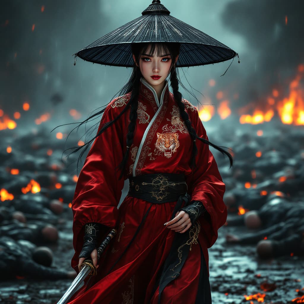 AI generated: HD hyper realistic zoomed out photo of a Chinese female warrior. She is walking toward the camera, s...