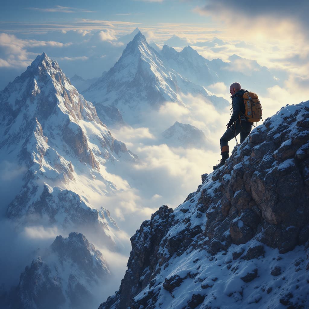AI generated: A breathtaking scene of a teary eyed bald female mountaineer reaching the summit against all odds