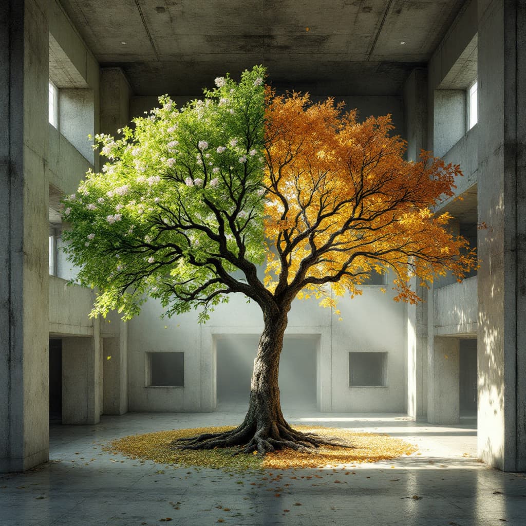 AI generated: A photorealistic scene of a tree growing in the center of an abandoned brutalist building, but the t...