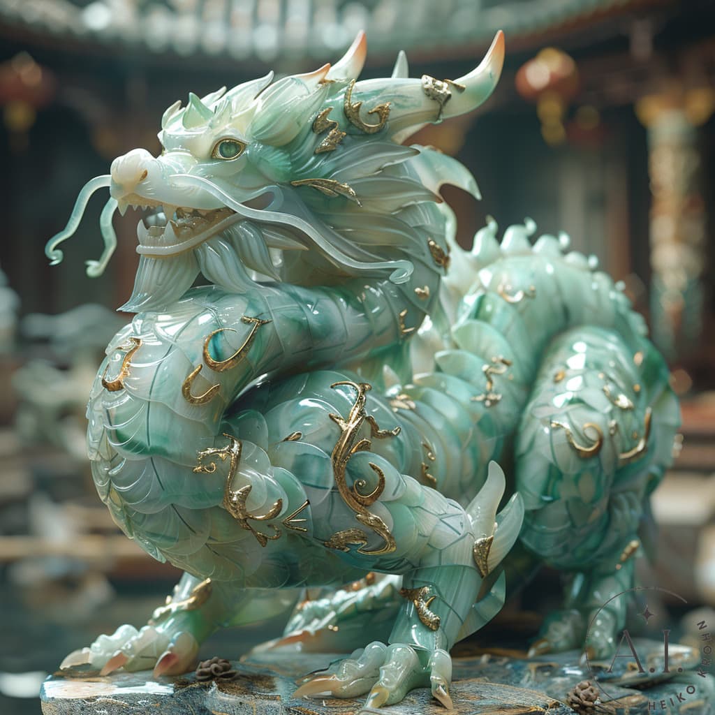 AI generated: A jade dragon, a mythical creature from Chinese mythology, its scales gleaming with iridescent hues....