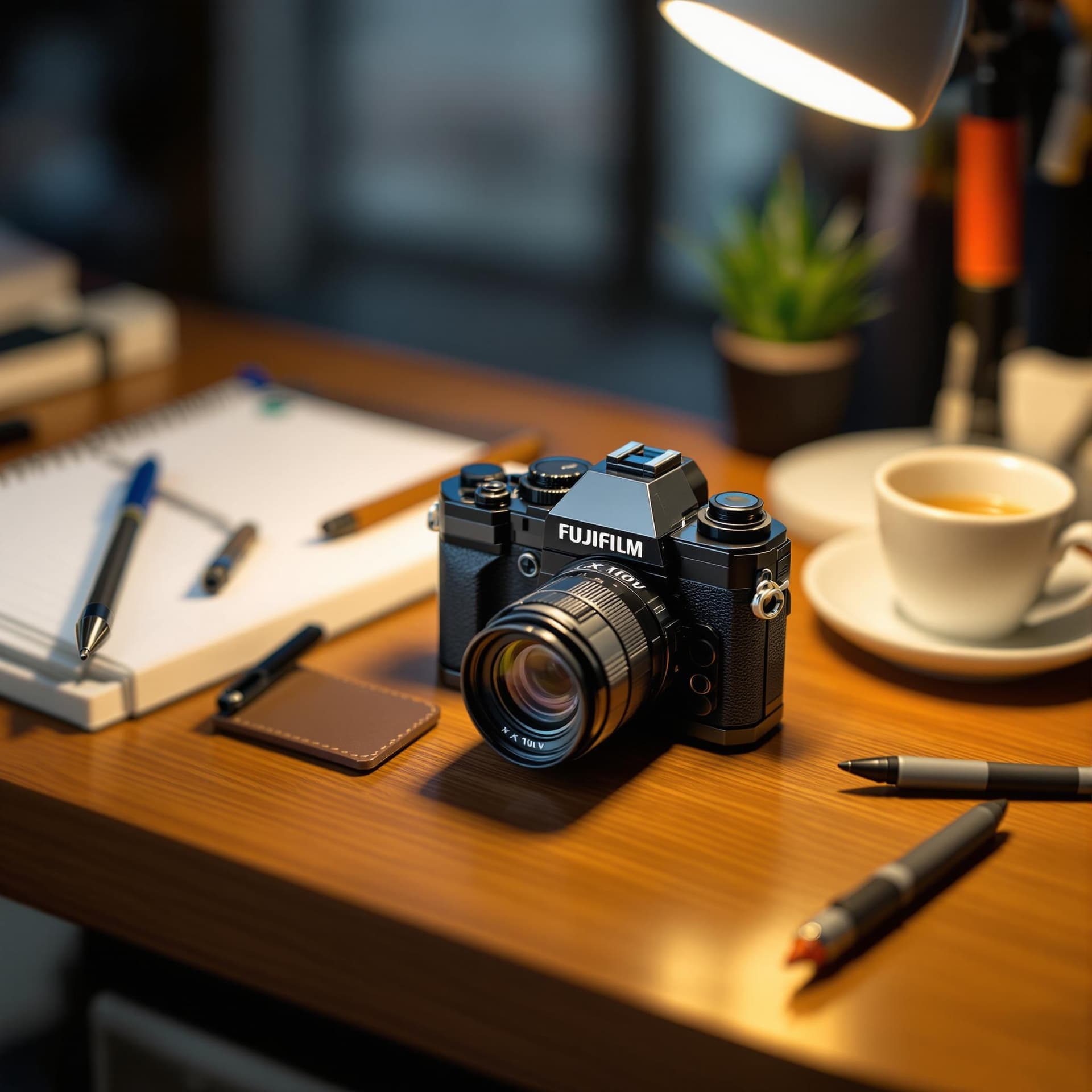 AI generated: Photo of a Lego diorama featuring a Fujifilm X100V camera on a photographer's desk. The camera, made...