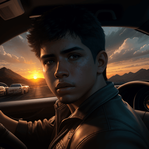 AI generated: Photo of a ultra realistic latin boy, dramatic light, driving sunrise, cinematic lighting, battered,...