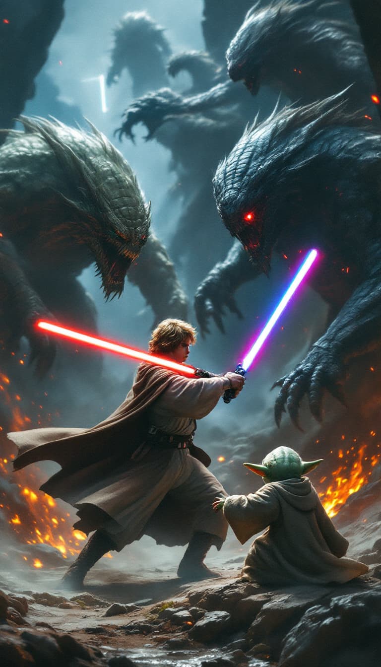 AI generated: Luke Skywalker, fighting 3 monsters
with 2 lightsabers, 1 blue and 1 red. +Yoda.