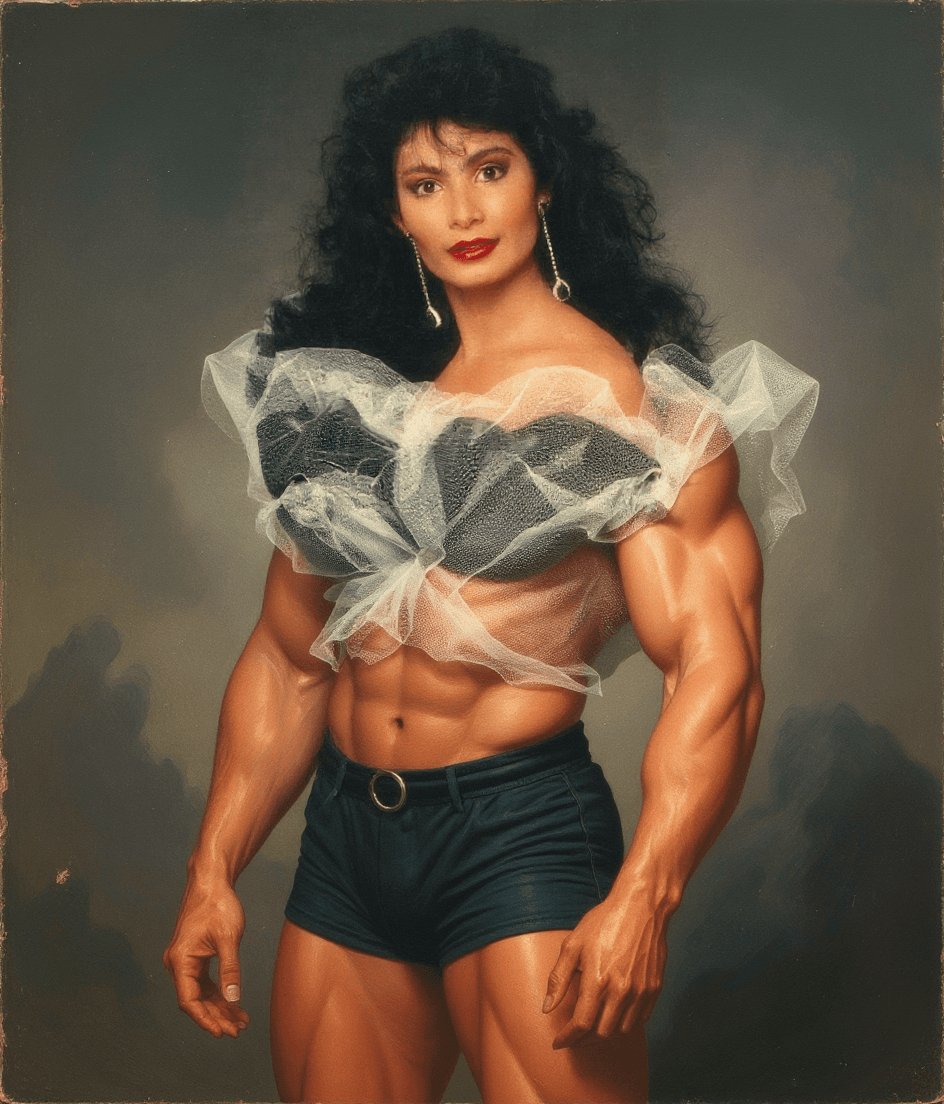 AI generated: full body image of 60's  Larry Scott' double bicep classic bodybuilder pose in the painterly style o...