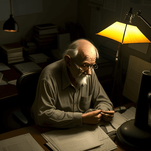AI generated: In a dimly lit office, suffused with the soft glow of a solitary lamp, an old man sits alone at his ...