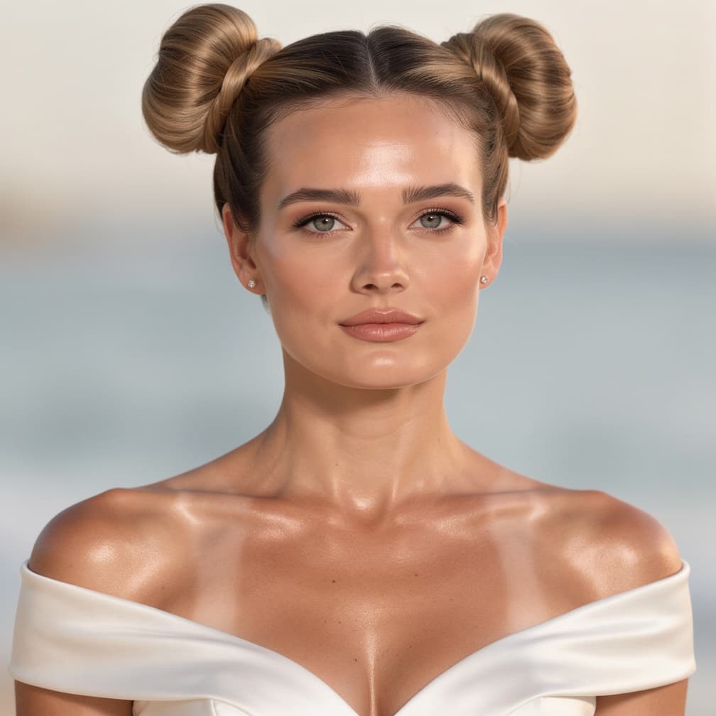 AI generated: A portrait of a young, slim waste woman with dark grey eyes, dark blond hair, very natural makeup, a...