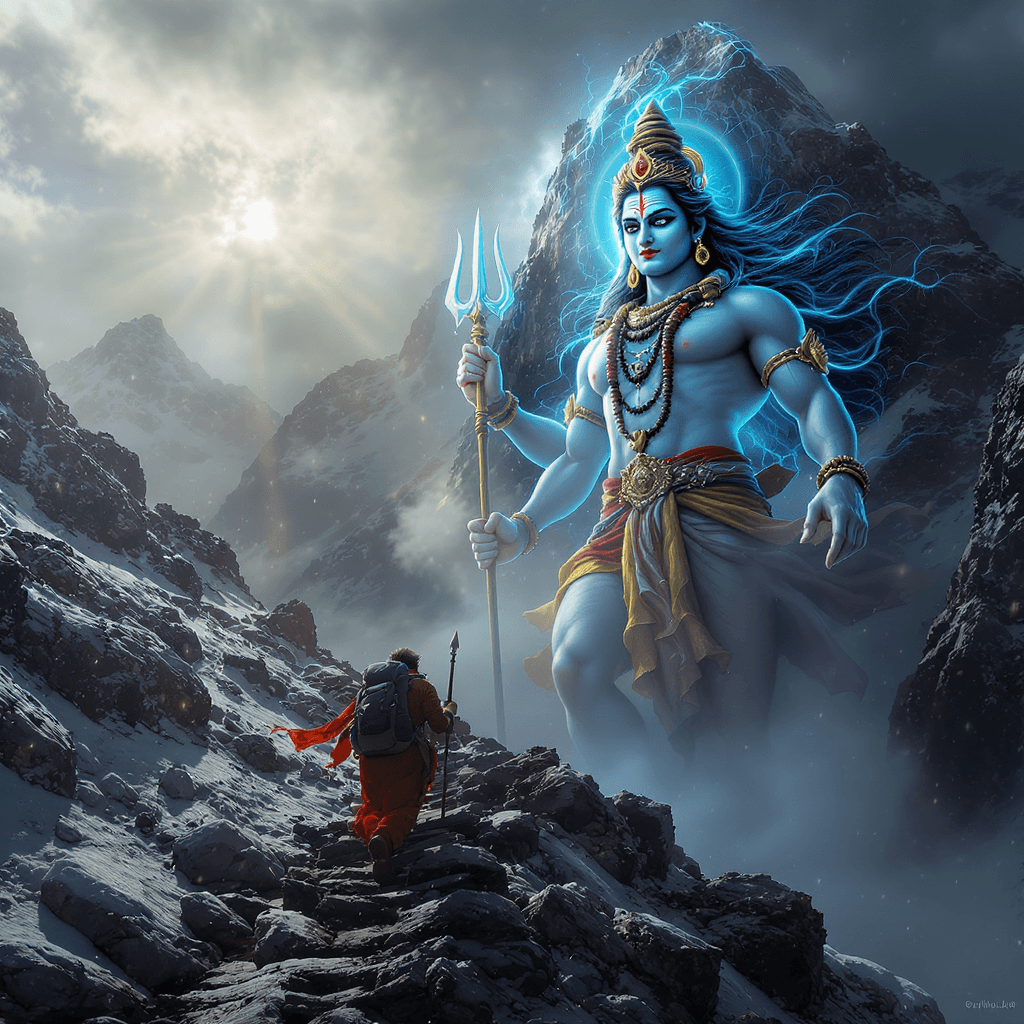 AI generated: "Ultra-realistic cinematic video, 8K resolution, depicting a lone devotee trekking up a steep Himala...